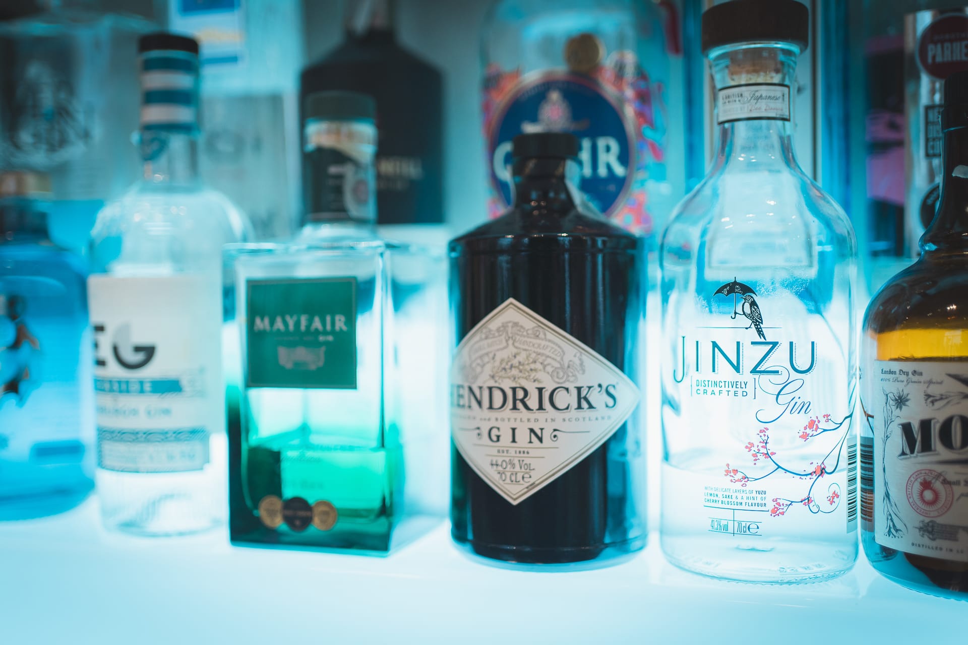 Bottiglie di gin pregiati su scaffale illuminato con luce azzurra